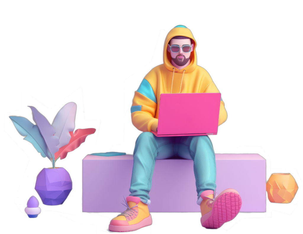 Illustration d'un jeune homme assis avec un ordinateur portable sur les genoux avec des couleurs vives et pastels