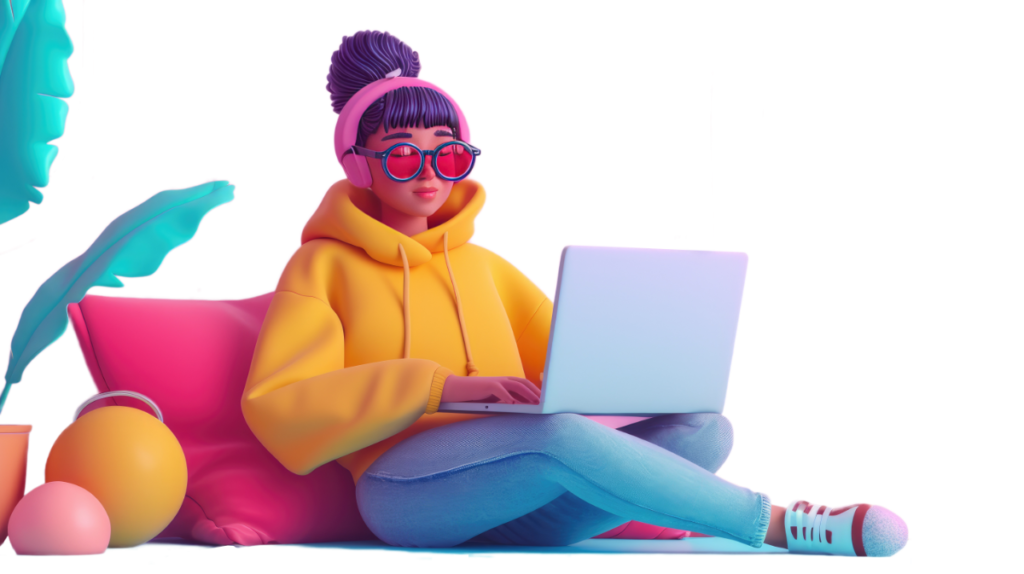 Illustration d'un jeune femme assise devant un ordinateur portable. écouteurs sur les oreilles, avec des couleurs vives et pastels